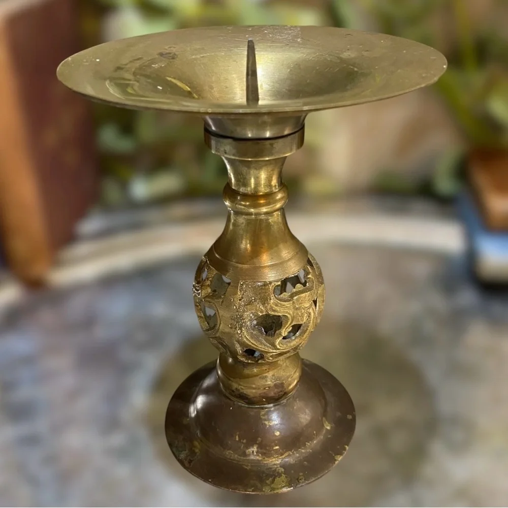 Vintage Solid Brass Open Work Pedestal Candle Holder Spike Plate Pillar